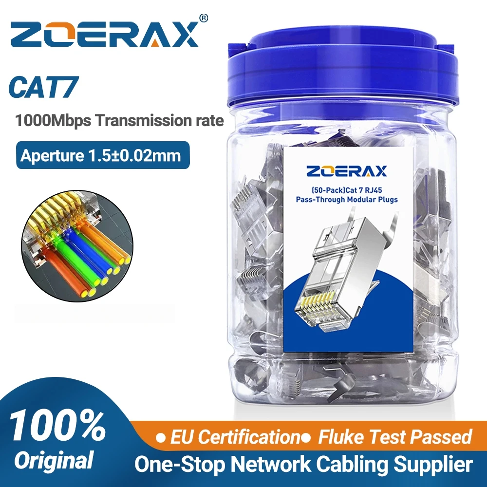 ZoeRax 50-Pack Shielded RJ45 Cat7 Cat6A Pass Through Connectors - 3 Prong 8P8C 50U Gold Plated 2-Piece Ethernet Cable Plug