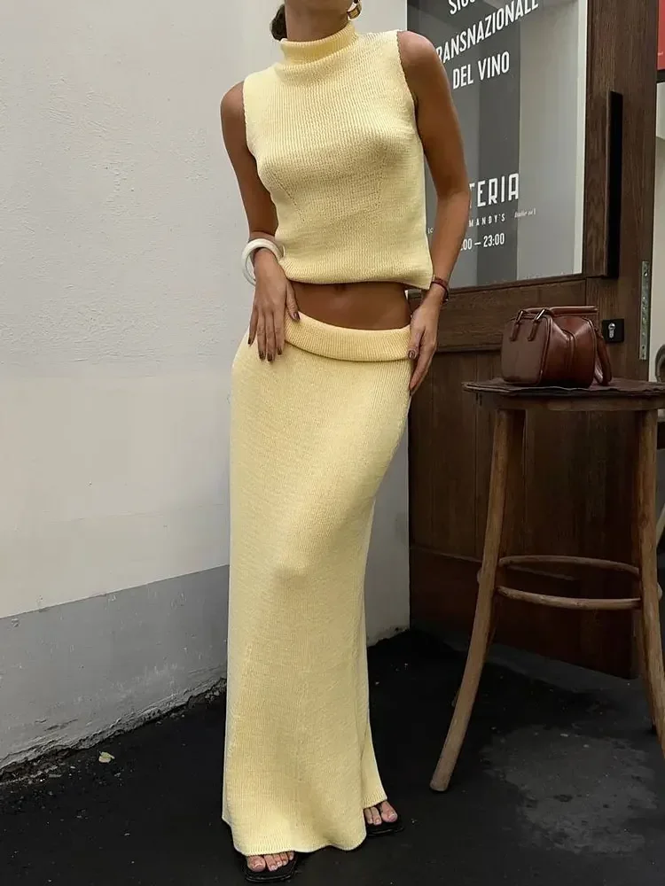 

Elegant Knitwear 2 Piece-Set Long Dress Female Ribbed Sweater Pullover And Loose Patchwork Maxi Skirt Sets Ladies Outfits