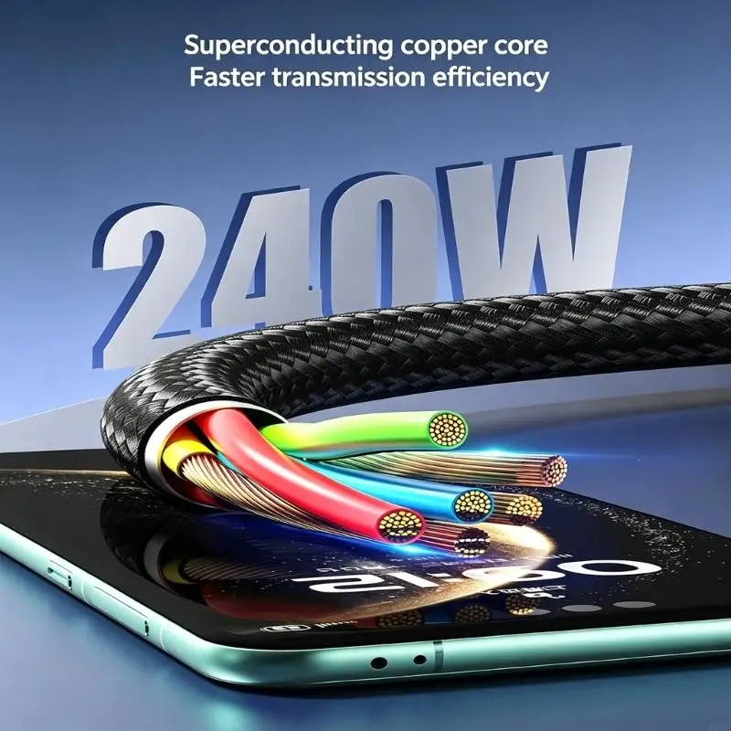 USB C Charging Cable 240W Fast 1.5M Textile Type C Data Cable with 480Mbps Transfer for Sofa, Bedside and Office F19E