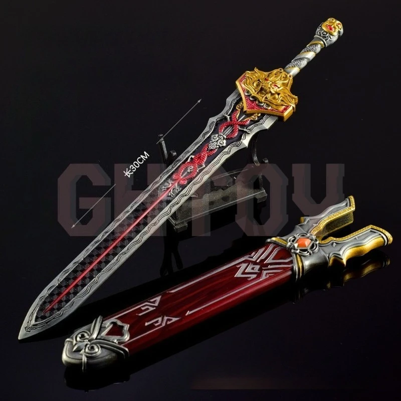30cm/11.81in naraka: peça decorativa periférica de jogo bladepoint, espadas longas com bainha quanjian, modelo de presentes para meninos, exibição de mesa