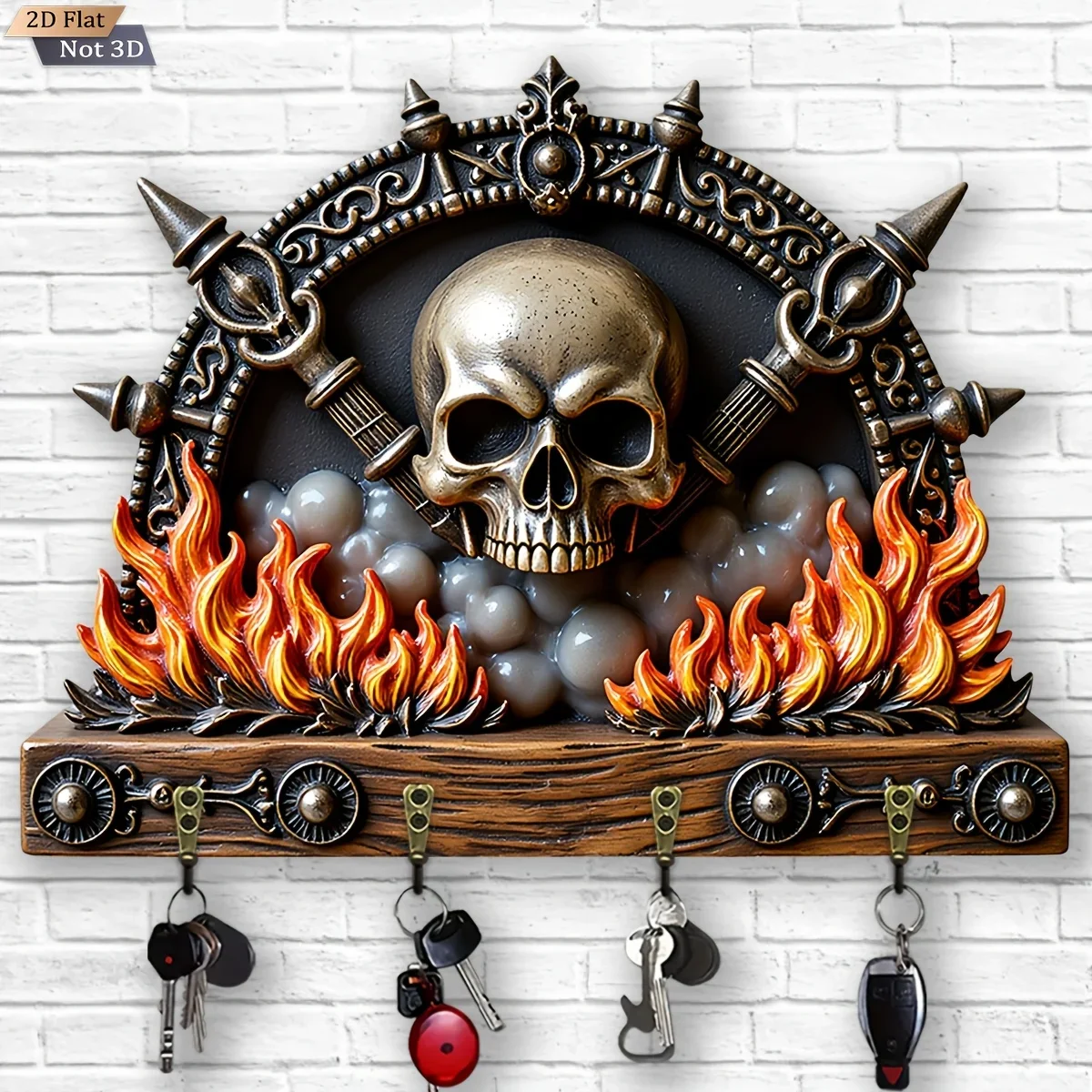 2D Flat, 1pc, Dark Flame Skull Theme Style Key Hook Wooden Multifunctional Home Key Rack, with Four Metal Hooks, Wall
