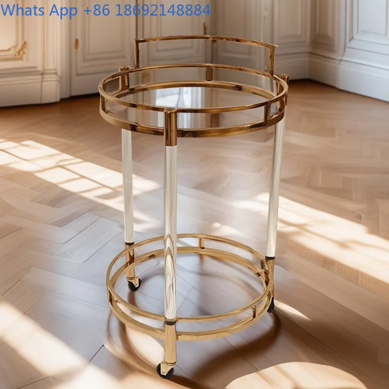 Light Luxury European Style Dining Cart Movable Sideboard Wine Cabinet Round Stainless Steel Small Trolley Hotel Pastry Tea Cart