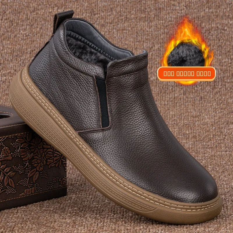 

Мужские повседневные высокие ботинки с кожаным верхом, теплые, с боковой молнией, круглым носком, резиновой подошвой, удобные зимние ботинки