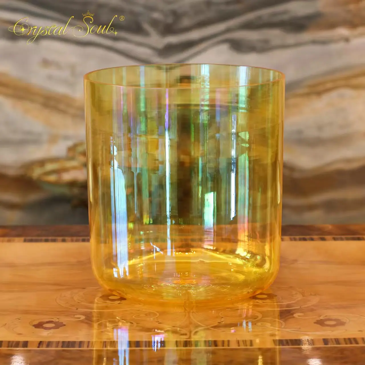 

Crystal Soul Thickened Orange Transparent Aurora Alchemy Crystal Bowl High Quality Crystal Singing Bowl