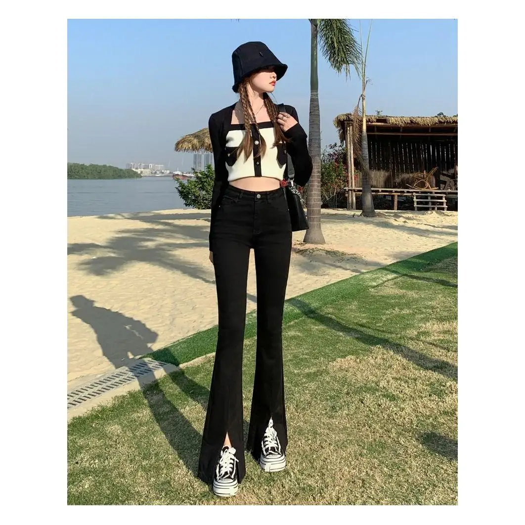

High Waist Bla Slit Denim Pants Women's Loose Fit Versatile Slimming Wide Leg Trendy Casual High Elastici Spring Cotton P...