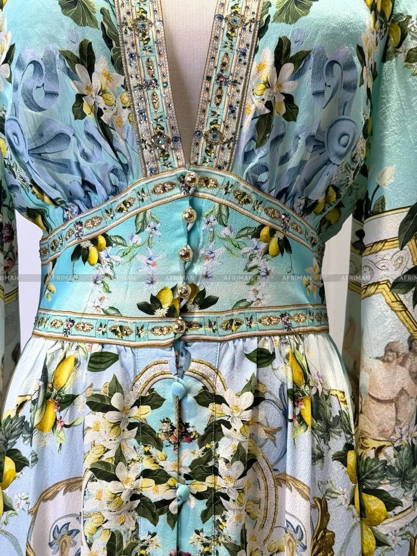 Damen-Maxikleid mit V-Ausschnitt, Kristallperlen, ausgestellte Ärmel, Retro-Zitronenblumendruck, langes Seidenhemdkleid