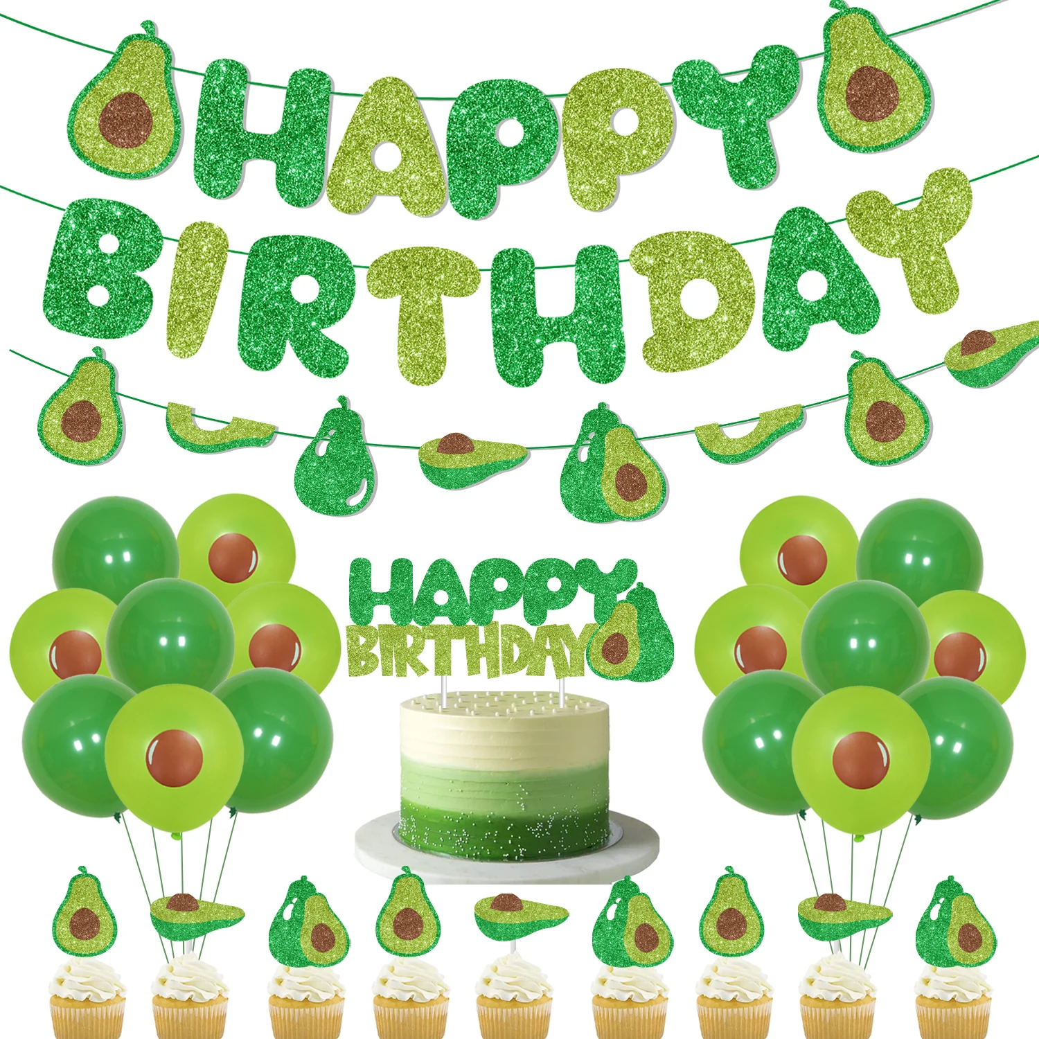 Avocado Themed Birthday Party Decor for Boys and Girls, Glitter Avocado Banner, Cake Topper, Balloons for Fruit Party Supplies