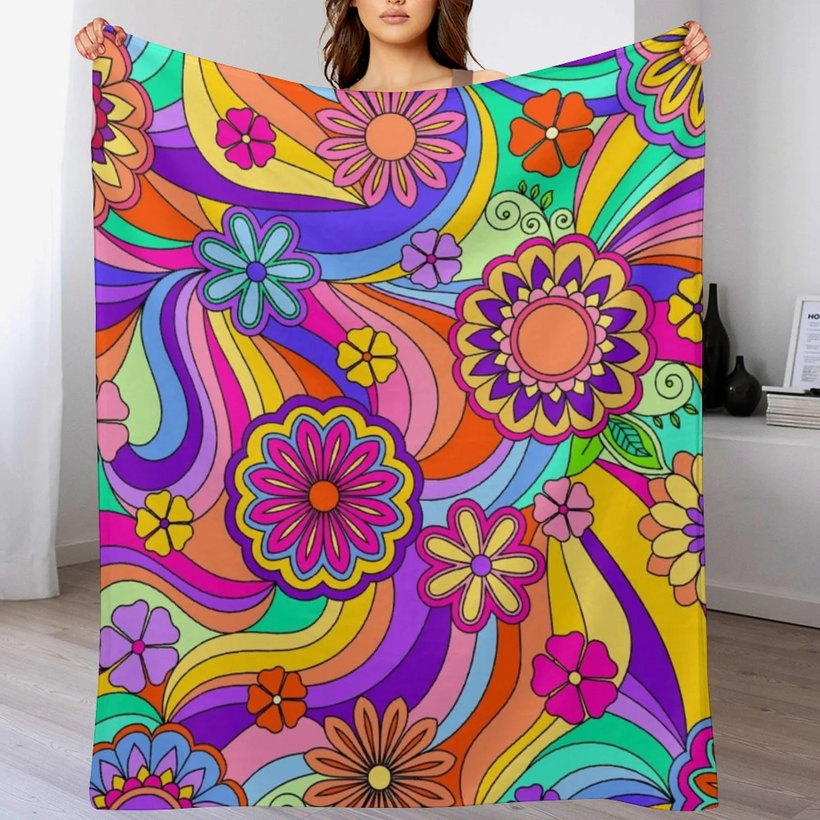 Groovy Psychedelic Flower Power Throw Blanket Cozy Napping Blanket Gift for Mom Dad