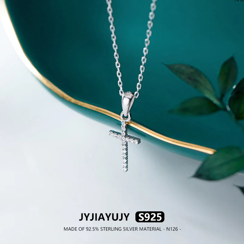 JYJIAYUJY 100% Sterling Silver S925 Necklace Cross Shape White Zircon Casual Trendy Hypoallergenic Female Fine Jewelry Gift N126