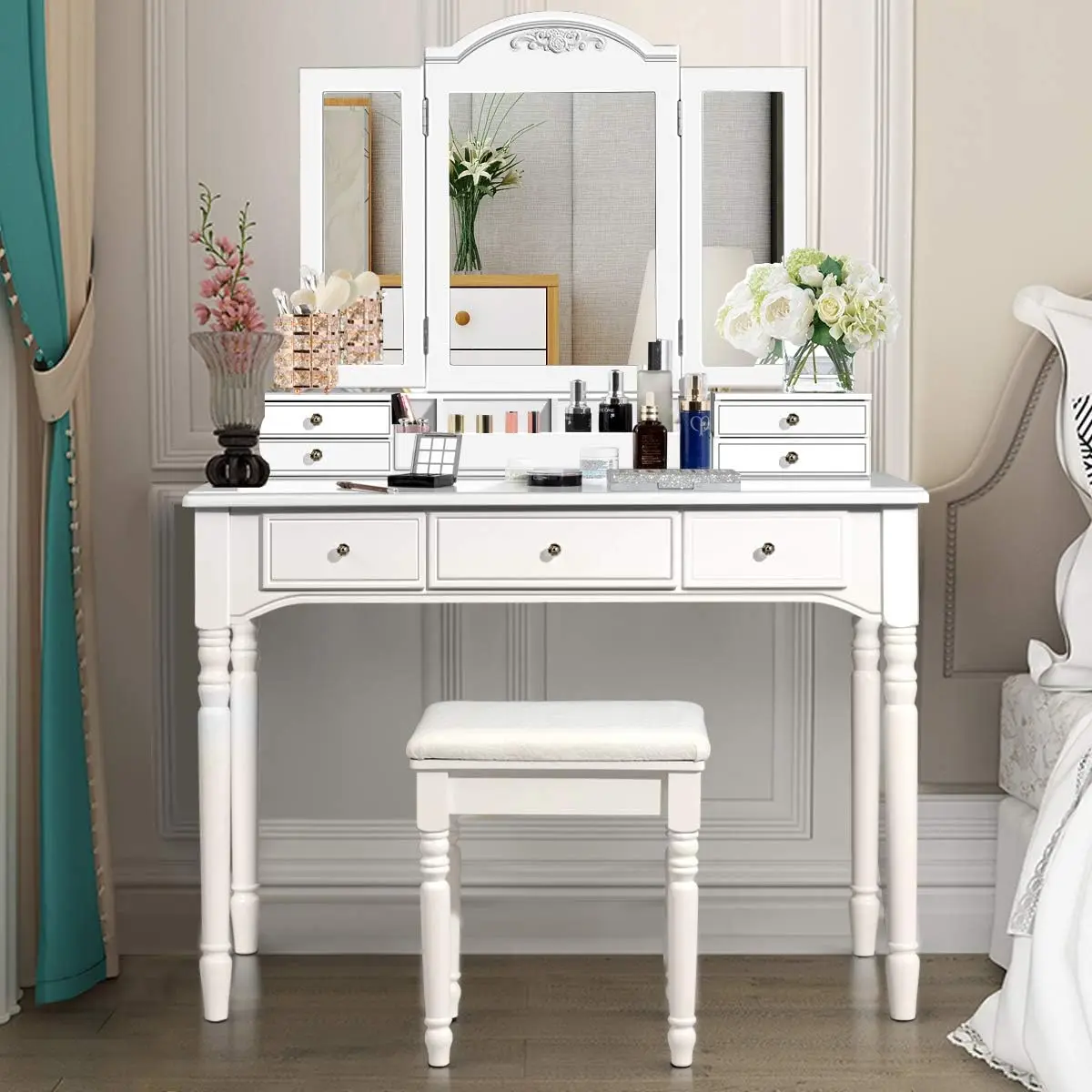 Makeup Vanity Table, 41.5'' Wide Vanity Desk, Tri-fold Mirror with 8 Necklace Hooks Backside, 7 Drawers, 4 Storage Compartments