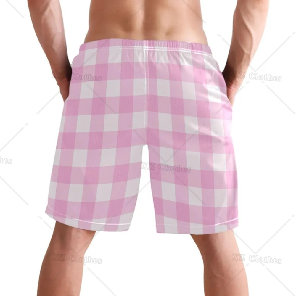 Pink Plaid Beach Shorts Summer Swim Trunks Sports Running Bathing Suits with Mesh Lining and Pocket