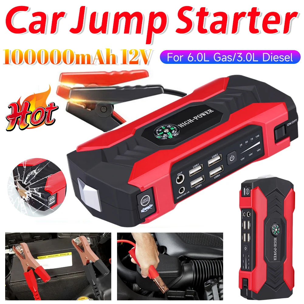 

12V Car Charger for 6.0L 3.0L Diesel Engines Car Jump Starter Booster 98000mAh with LED Light/4 USB Output Jumpstarter
