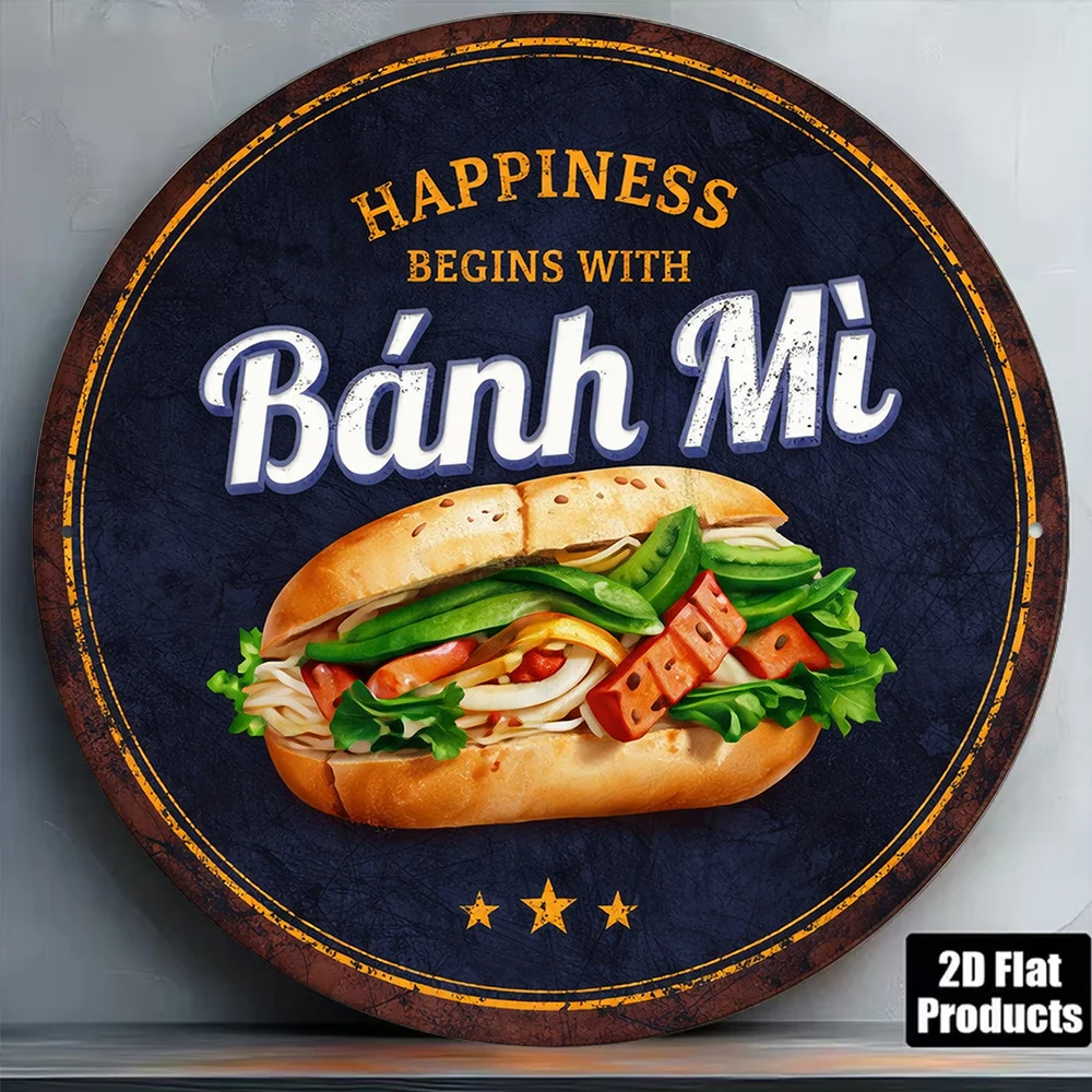 2D Flat 1pc 7.87X7.87inch Round Sign Vintage Banh Mi Plaque Vietnamese Sandwich Cuisine Decorative Sign Suitable for Cafes