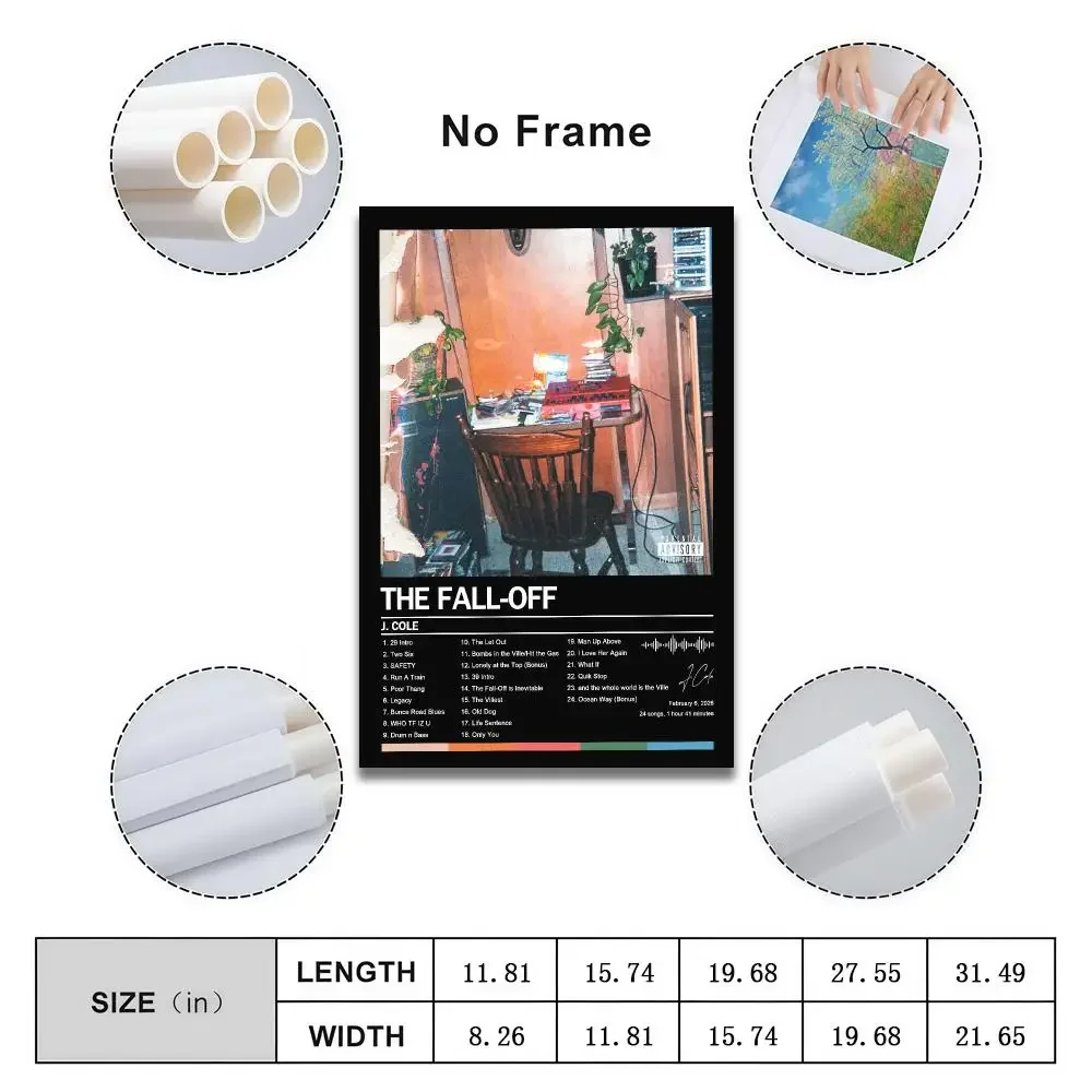 Poster Peelable Self-Adhesive Album Cover Poster Stickers, Frameless Wall Art for Singer Rap Bedroom J C-Cole The Fall-Off