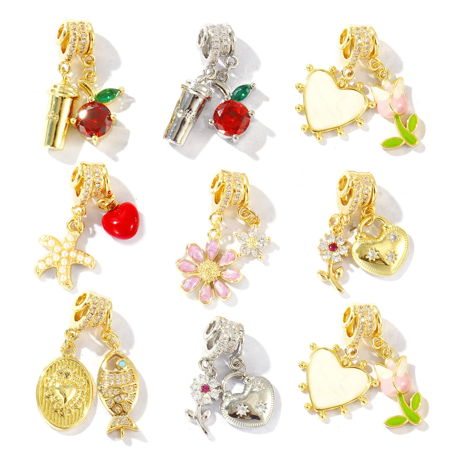 1 Peça de Pingente de Latão com Zircônia Cúbica em Formato de Xícara de Café, Tulipa, Margarida, Estrela-do-mar, Coração, Peixe, Cereja para Fabricação de Colares e Chaveiros DIY