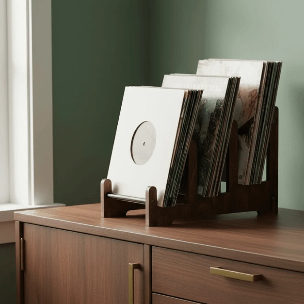

Vintage Wooden Vinyl Record Holder Brown Space Saving CD Display Stand Large Capacity Album Display Holder Bedroom