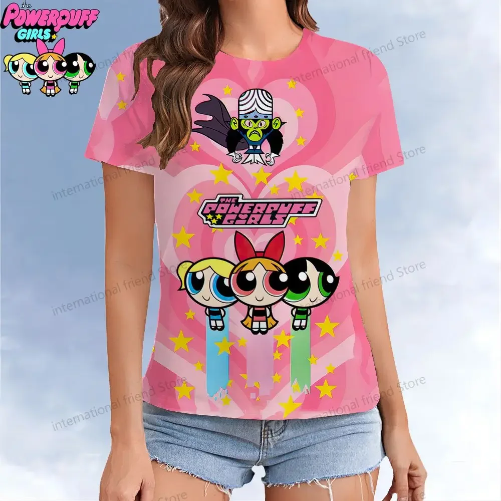 Women\'s  T-shirt The Powerpuff Girls Kawaii Short Sleeve Tee Woman Clothing O Neck T-shirts Street Wear XS-3XL 2024 Leisure Y2k