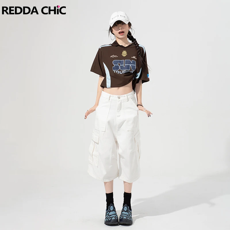 REDDACHiC Women Low Rise Baggy Jean Shorts Cargo Pockets Pleats Denim Shorts Wide Leg Casual Bermuda Pants Summer Streetwear