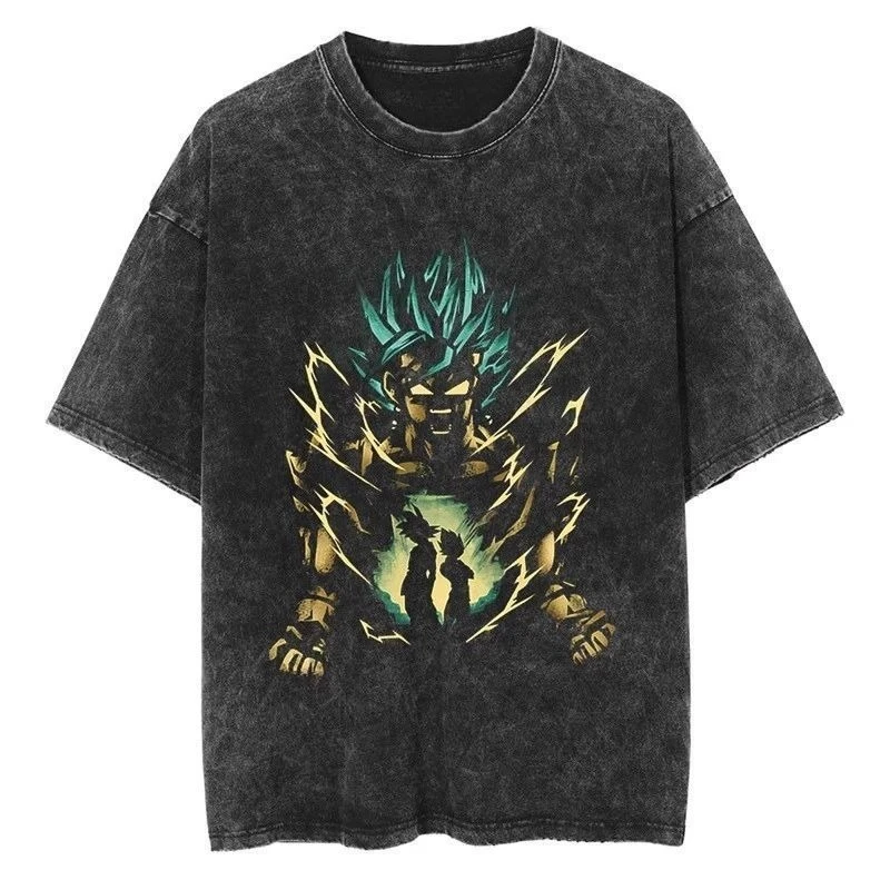 Anime-Stil T-Shirt 2025, schwarzes Baumwoll-T-Shirt, goldenes Haarjager, Orange Gi, Vintage-Waschung, Distressed, übergroße Streetwear-Mode