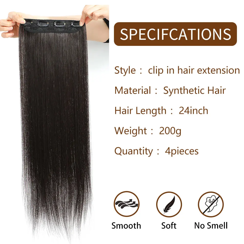 Clip in Hair Extensions 24 Inch Straight 4Pcs Set 200g 11 Clips Heat Resistant Synthetic Hair for Women Black Brown Blonde Soft