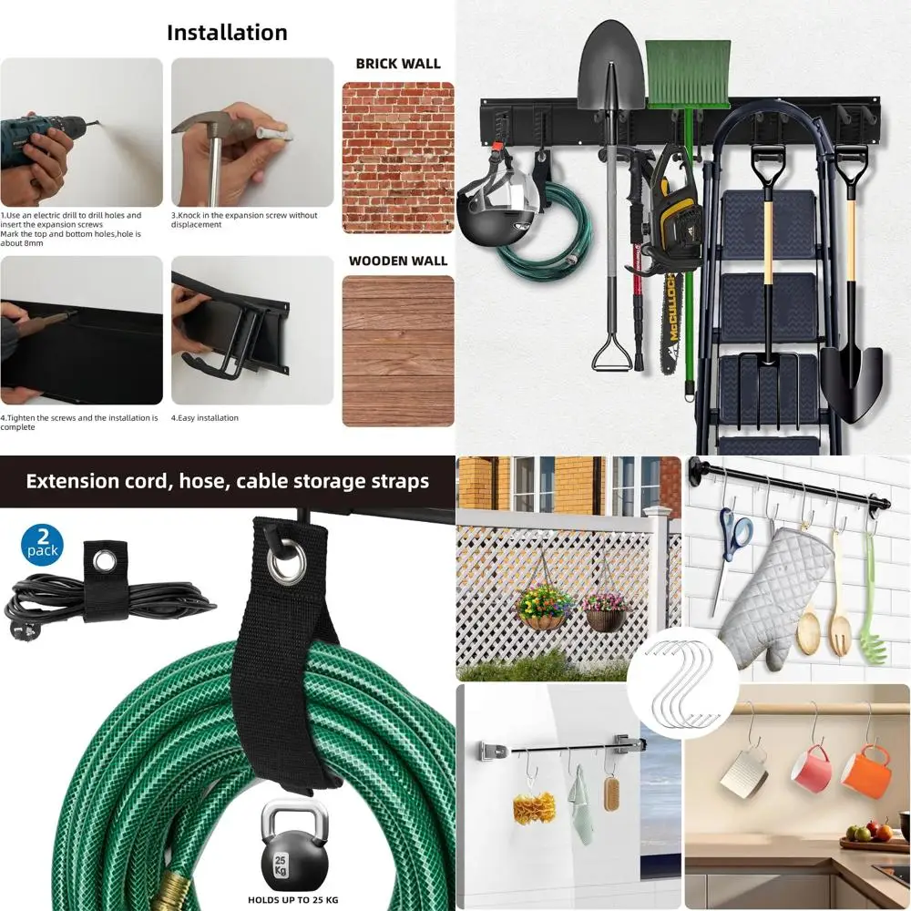 

96 Wall-Mounted Tool Organizer for Garage & Garden, 18 Hooks, 4 S-hooks, 2 Straps - Ideal for Tools, Ski Gear, and More