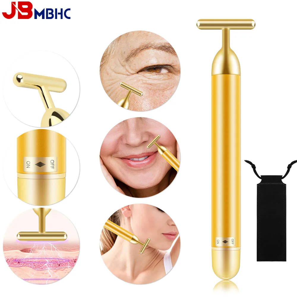 24K Gold Roller Vibrating Facial Massager Slimming Facial Skin Beauty Pulse Firming Face Massage Lift Tightening Wrinkle Bar