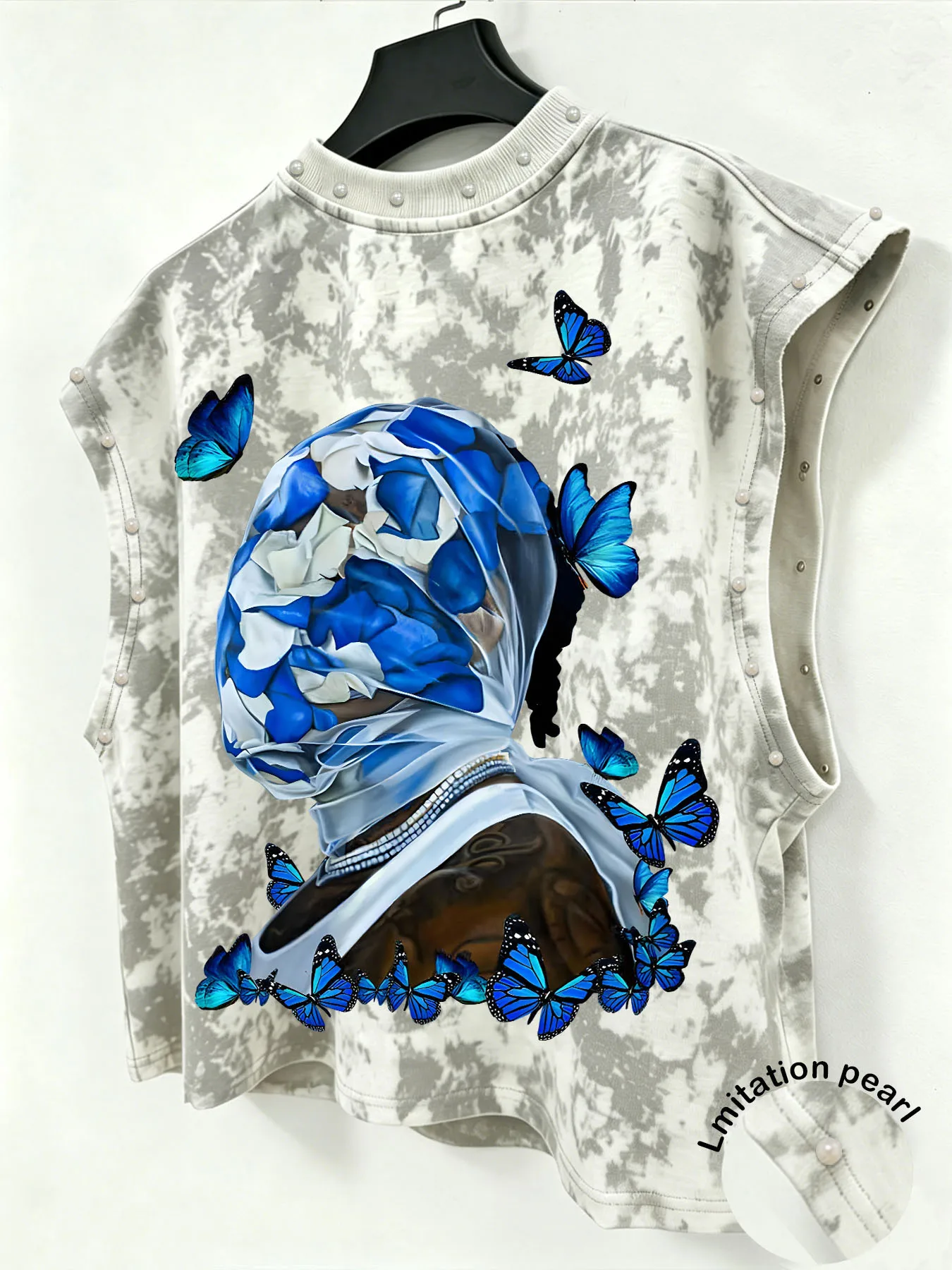 Men Tie Dye Sleeveless Tank Top, Blue Rose Butterfly Figure Print Imitation Pearl  Street Vest  tank tops gym clothing