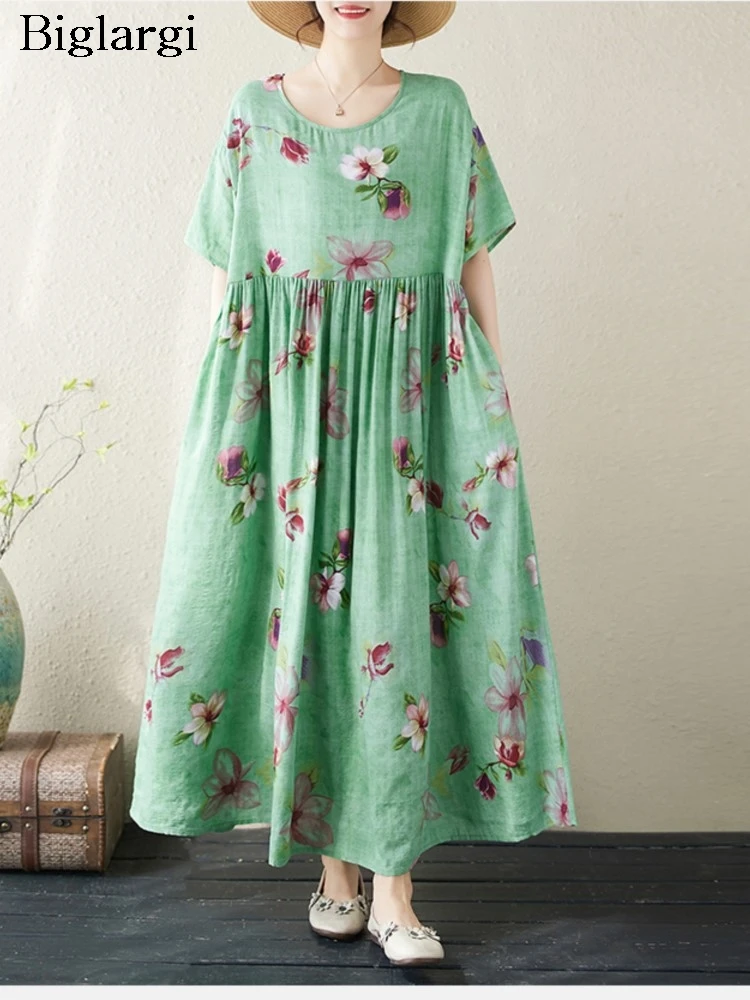 

Oversized Summer Flower Floral Long Dress Women Ruffle Pleated Fashion Loose Ladies Dresses Short Sleeve Casual Woman Dress