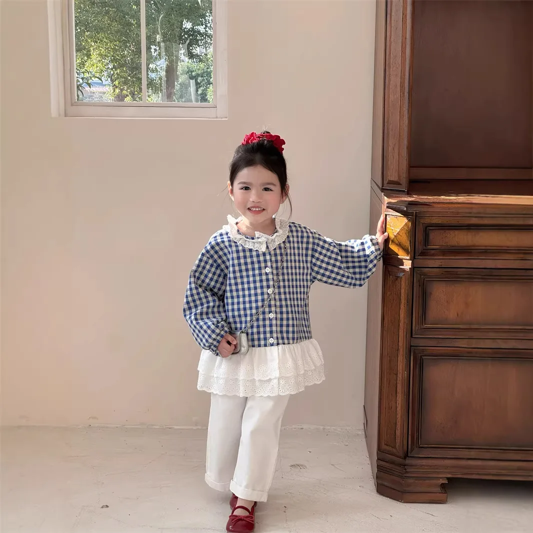 

Korean Version of Girls' Splicing Blue Grid Round Neck Fungus Lace Doll Shirt Casual Pants Set