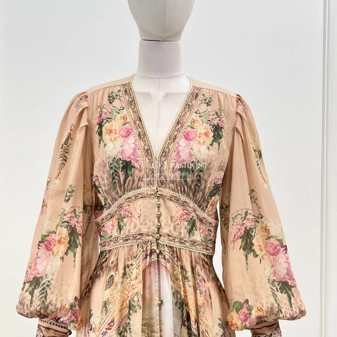 فستان متوسط الطول بأكمام طويلة ورقبة على شكل حرف V باللون البيج للنساء 2025 حرير جديد عالي الجودة #3