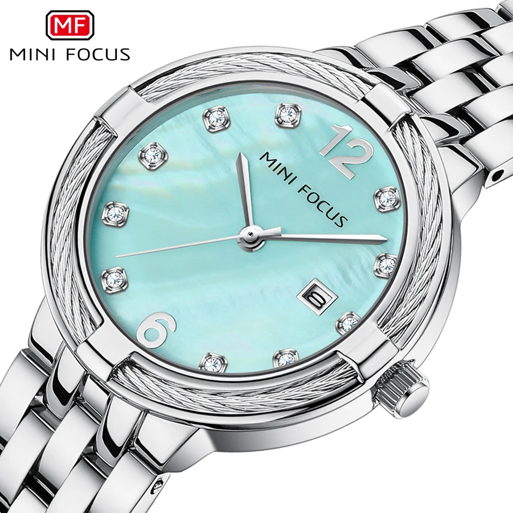 

MINI FOCUS Бизнес Элегантные часы для женщин Календарь Iced Out Синий циферблат Модные роскошные брендовые женские часы Стальной ремешок 0626L
