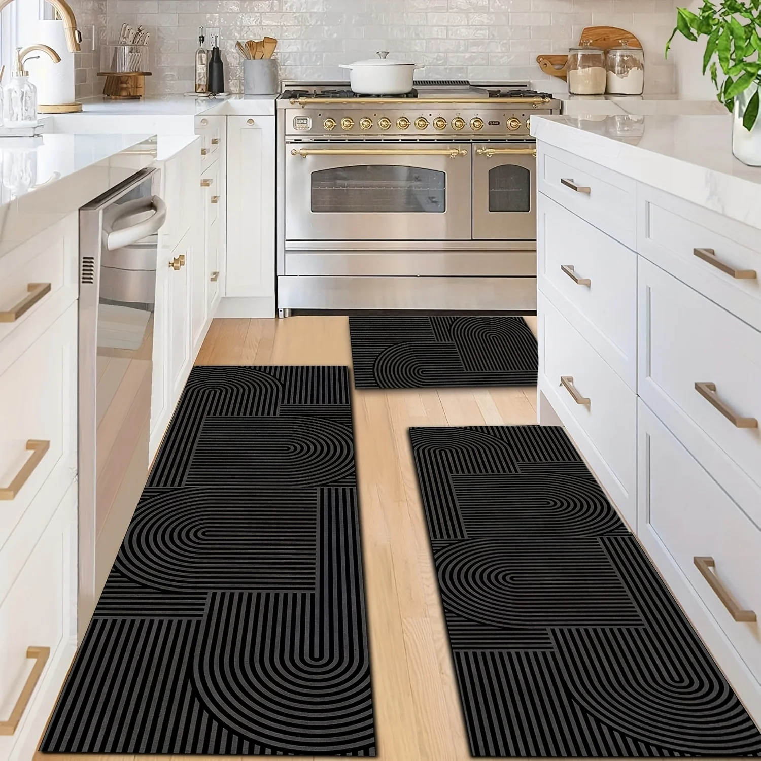 

2pcs Diatom Earth Material Multi-Strip Patterned Long Runner Rug, Black Modern Kitchen Carpet, Soft And Durable, Water-Absorben