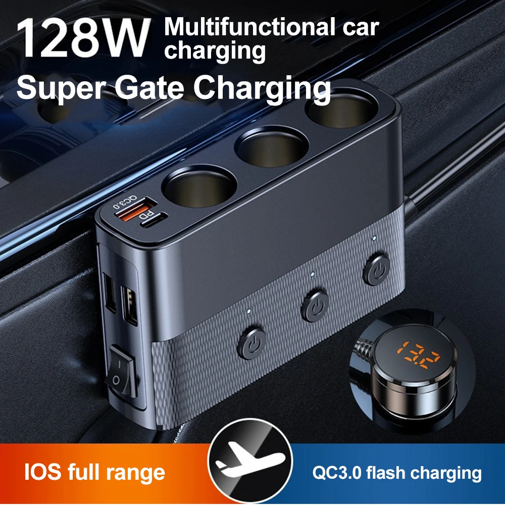128W 7-in-1 Car Charger Adapter PD QC3.0 Socket Cigarette Lighter Splitter C28 Conversion Plug Quick Charge Adapter Acesssories