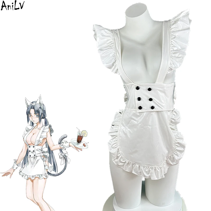 AniLV Women Anime Coffee Waiter Maid Uniform White Leather Apron Big Bow Cosplay Costume