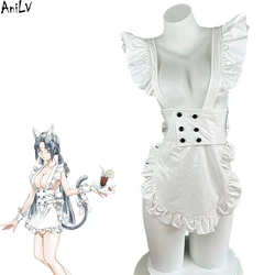 AniLV Women Anime Coffee Waiter Maid Uniform White Leather Apron Big Bow Cosplay Costume