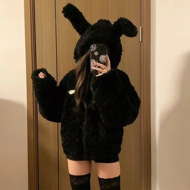 

Осень-зима, утепленные толстовки в японском готическом стиле, женские милые кроличьи уши, теплое плюшевое короткое пальто, милые толстовки Y2k, эстетика