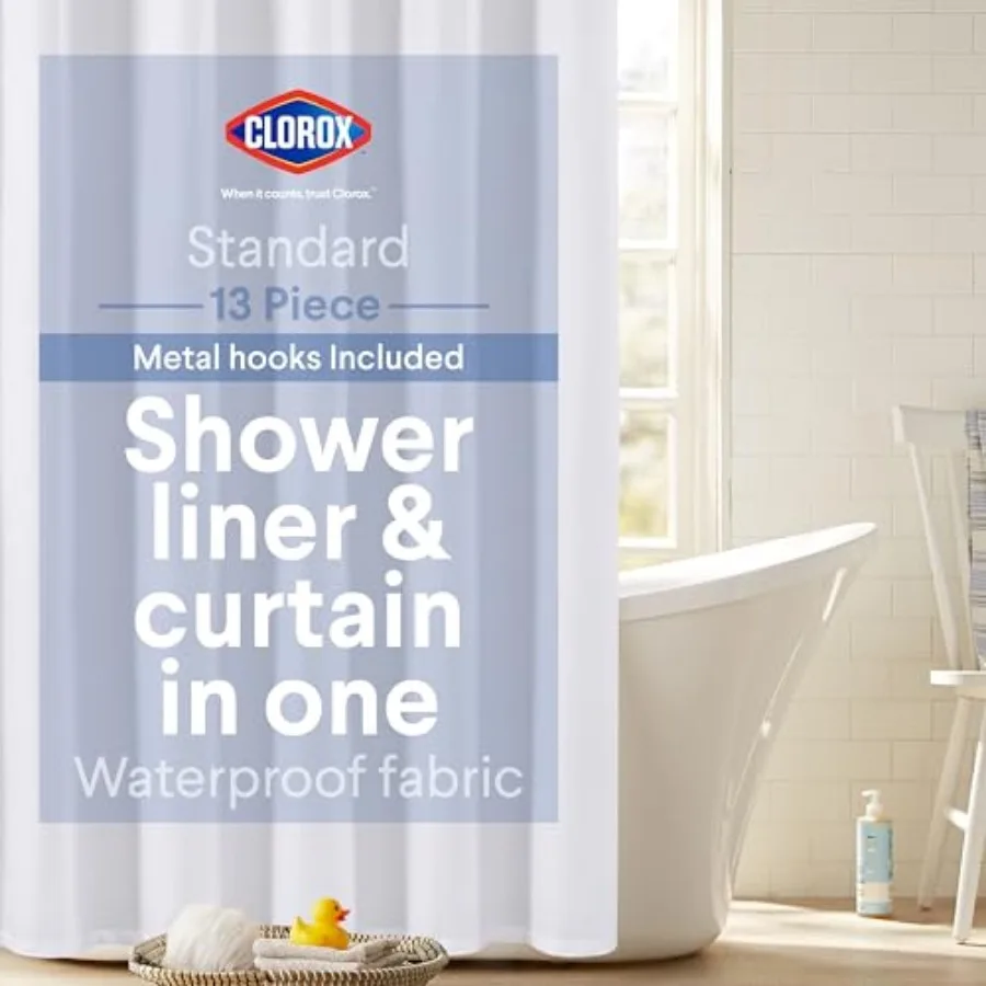 

2-in-1 Bathroom Shower Curtain Liner w Metal Hooks, Durable Fabric, Weighted Magnets for Bath Water Control, Washable Premium Q