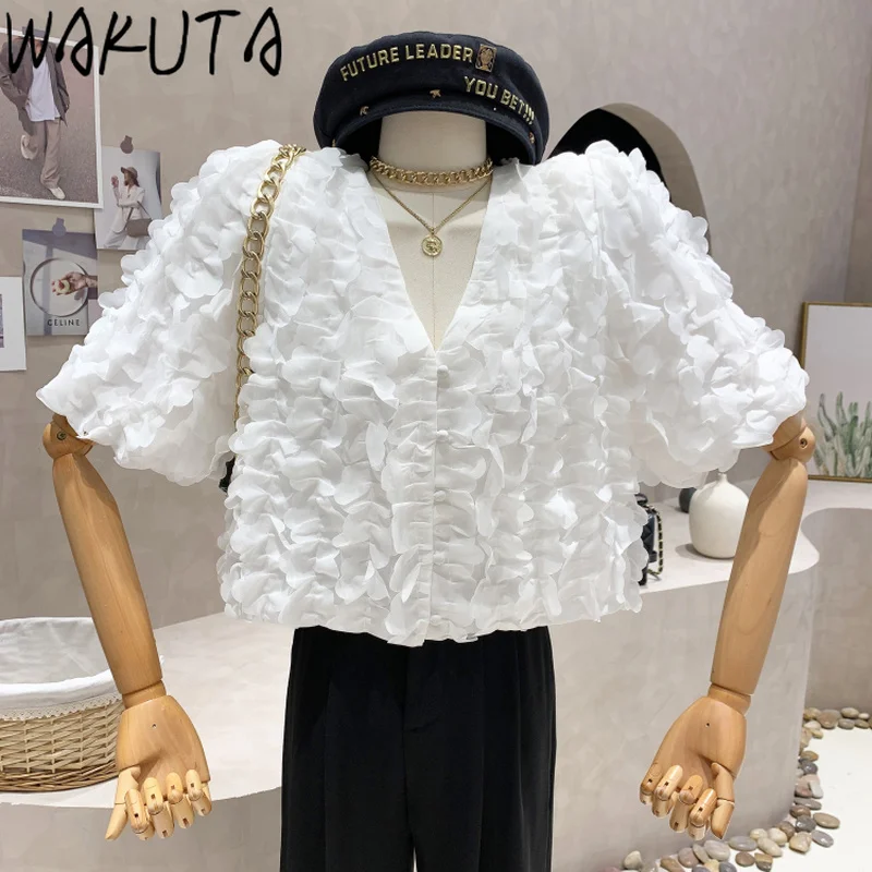 

WAKUTA White Black Floral Three Dimensional Short Sleeve Shirts Blouses Women Summer 2024 Korean Style Elegant Loose V Neck Tops