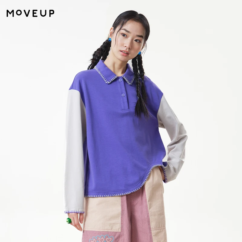 MOVEUP Women's Lapel Shell Stitch Embroidery Tees 2026 Autumn Loose Polo Neck Long Sleeve Tops Casual Commuter T-shirt 3ELQ10514