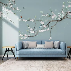 Estilo chinês pintado a mão flor e pássaro sofá tv fundo 3d papel de parede foto moderno quarto sala de estar mural revestimento de parede