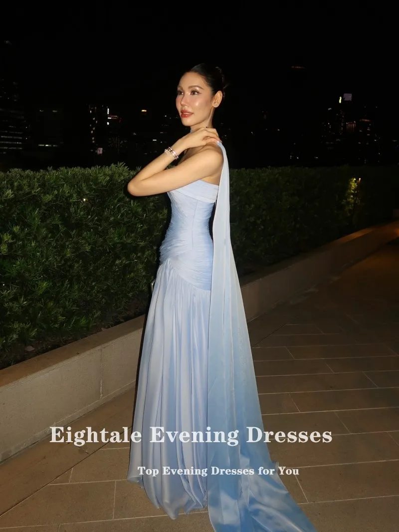 Eightale árabe vestido de noite sem alças plissados crepe personalizado halter azul muçulmano a linha baile de formatura vestido de festa de casamento