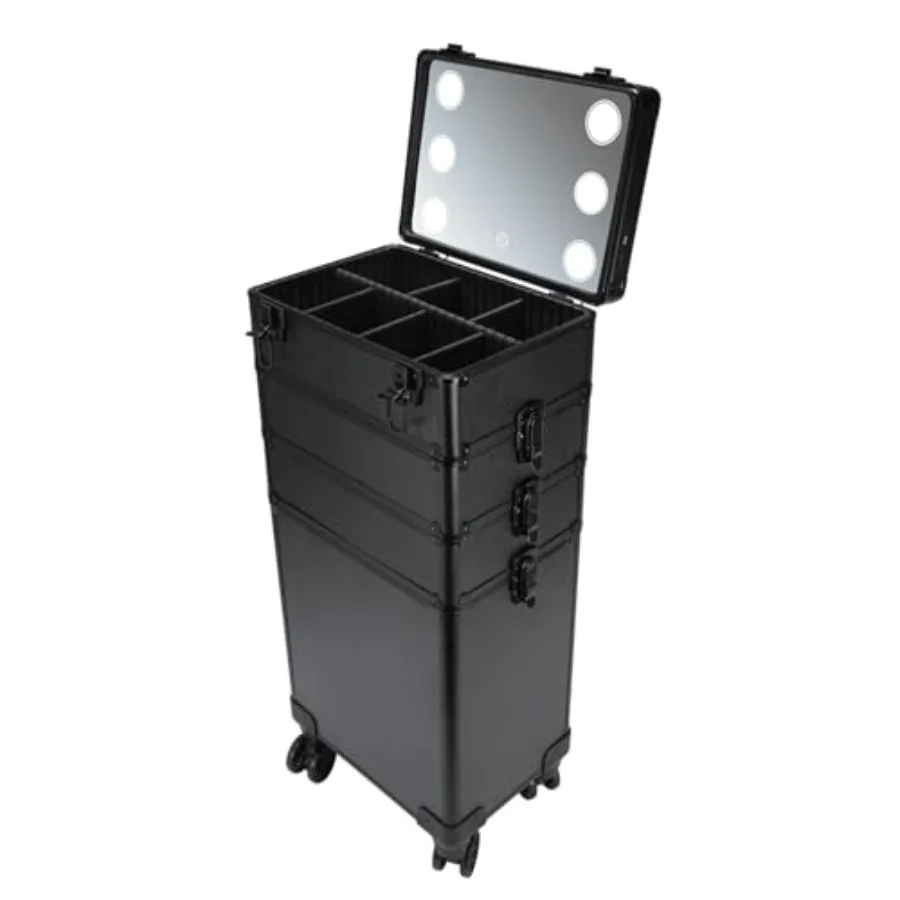 4 in 1 Makeup Travel Case with 3 Color LED Light Mirror Rolling Cosmetic Trolley Organizer with Key 360 Swivel Wheels for Beaut