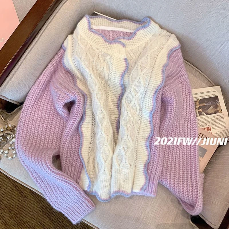 Lazy Style Sweater Jacket Women Sweet Gentle Agaric Edge Purple Cardigan Woman 2024 Spring Autumn Korean V-Neck Knit Cardigans