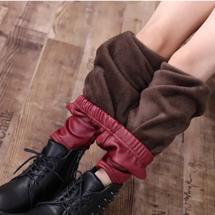 New Fashion Leather Girls Thick Leggings Winter Faux Leather Pants Trousers Kids Knitting Imitation Leather Warm Leggings