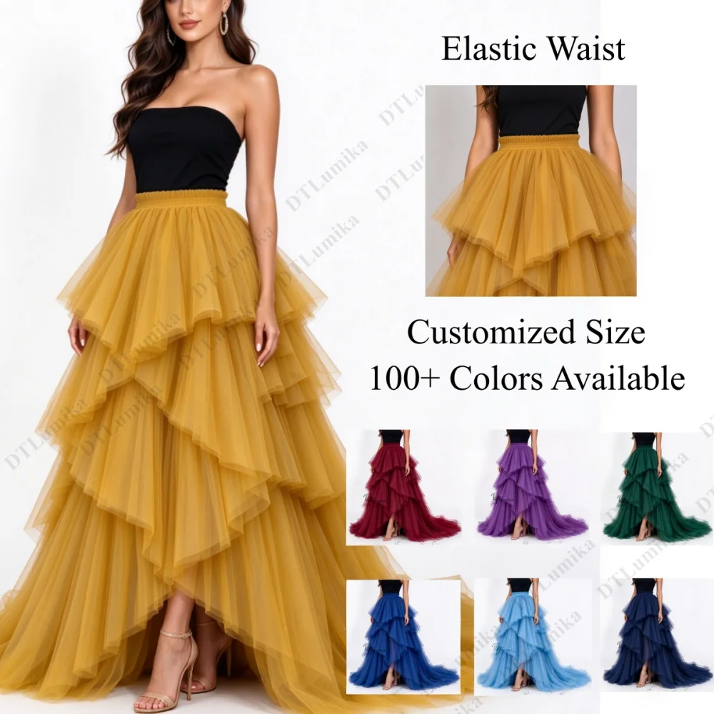 Women’s High Waist Tulle Skirt Ruffled Layered Long Maxi Skirt Asymmetric Hem Prom Party Skirt Customized Wedding Guest Dress