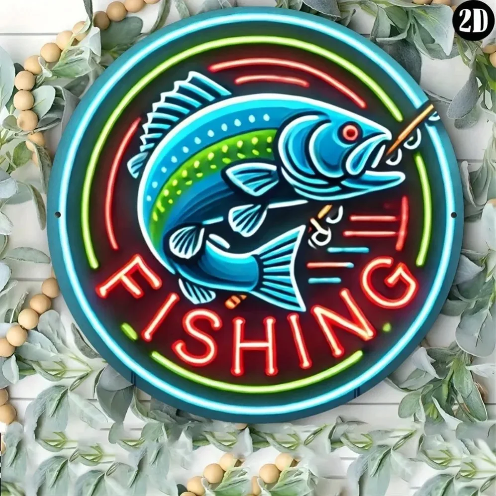 

Neon Fishing Iron Round Metal Wall Art Sign - Vintage Fish Illustration Decor for Home Bar