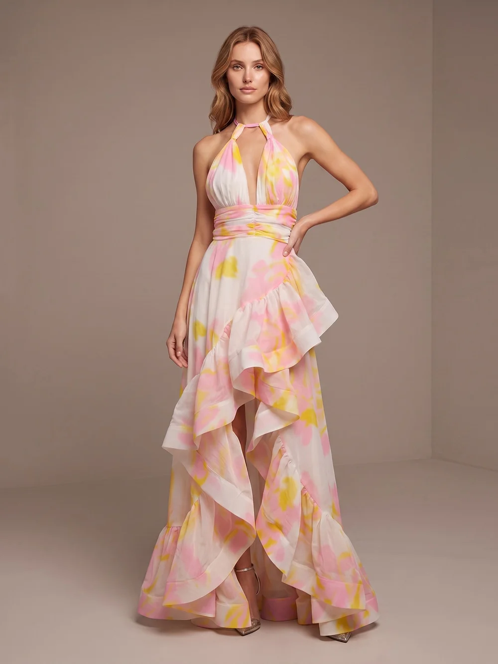 Hanging Neck Deep V-Dress With Irregular Ruffle Edge Slit Long Skirt For Beach Vacation Fairy Dress