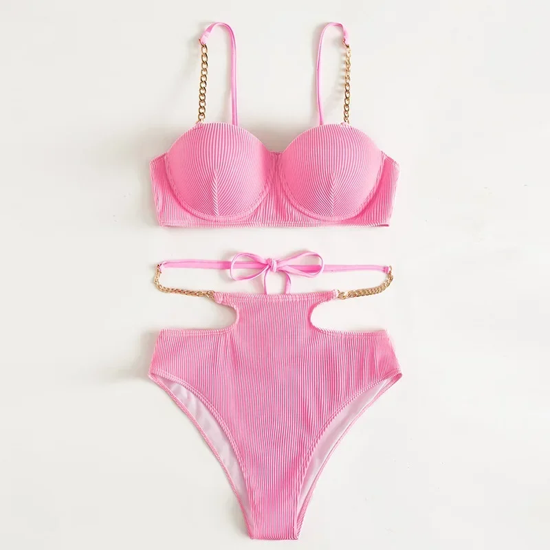 2024 Pink High Waist Tankini Bikini Set Women's Clothing Swimsuit Summer Beach Vacation Outfits Chain Suspender Bathing Suit