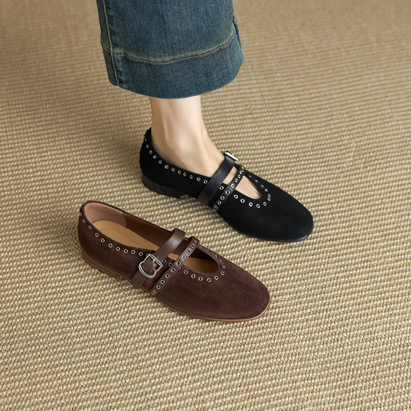 2026 new spring autumn women pumps natural leather plus size 22-25cm kid suede+cowhide+pigskin buckle lowheel women shoes