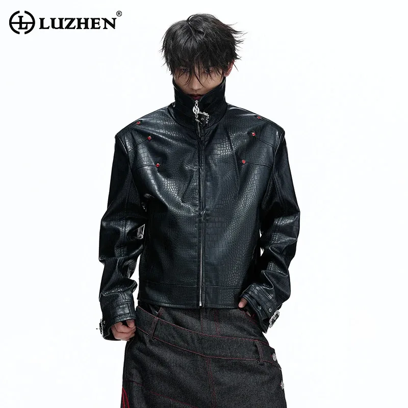 LUZHEN Diamond Decorate Stand Neck Textured Pattern High Quality Leather Jacket Men's Fashion Handsome Motorcycles Coat JY8341